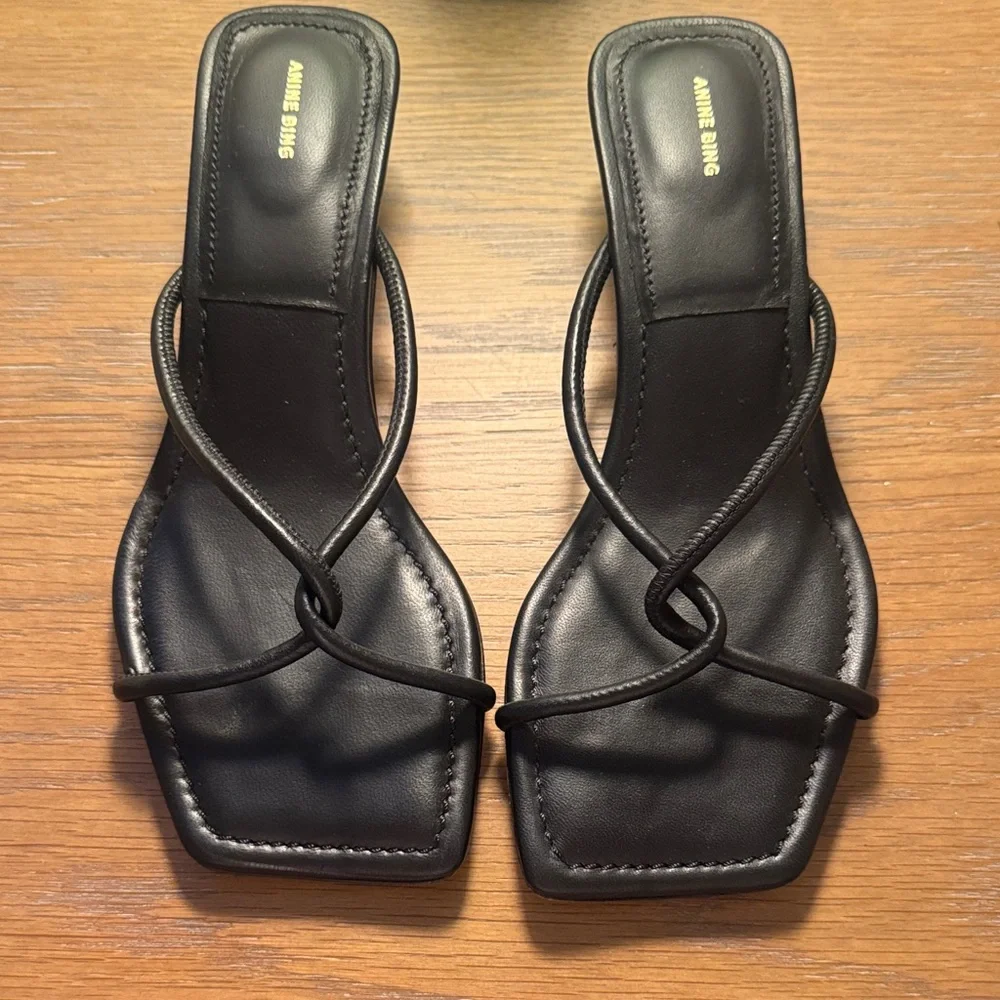 Anine Bing Black Strappy Square-Toe Heeled Sandals - Picture 1 of 4